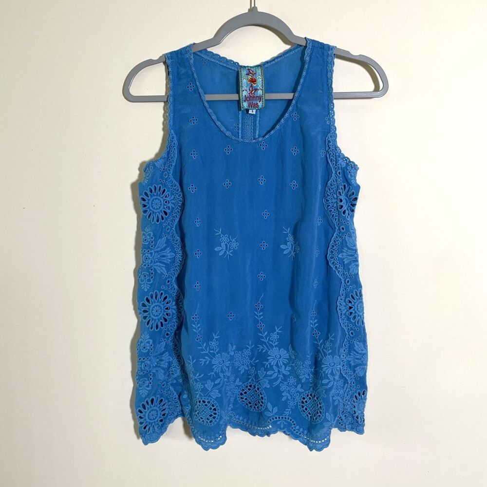 Johnny Was Women's Boho Blue Halo Eyelet Embroidered Relaxed Blouse Top Sz Small